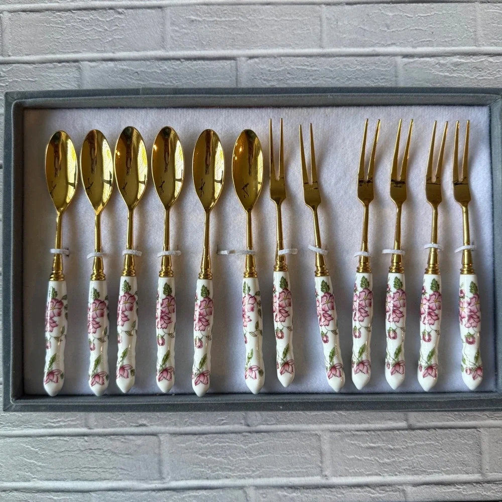 Vintage Baek San Gold Cocktail Set 12pc Pink Floral Ceramic Handle